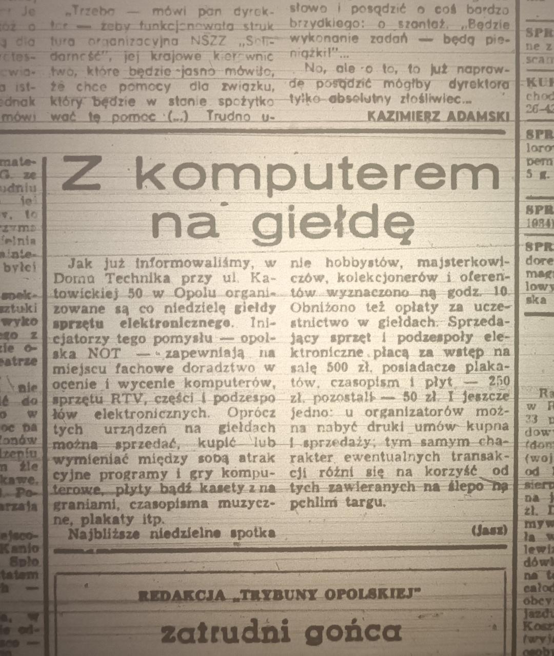 Wycinek z Trybuny Opolskiej: Z komputerem na giełdę — notatka o niedzielnych giełdach sprzętu elektronicznego w Domu Technika przy Katowickiej 50 w Opolu