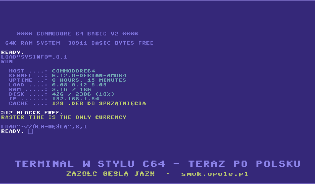 Ekran terminala w stylu Commodore 64 na Linuksie z polskimi znakami — napis ZAŻÓŁĆ GĘŚLĄ JAŹŃ