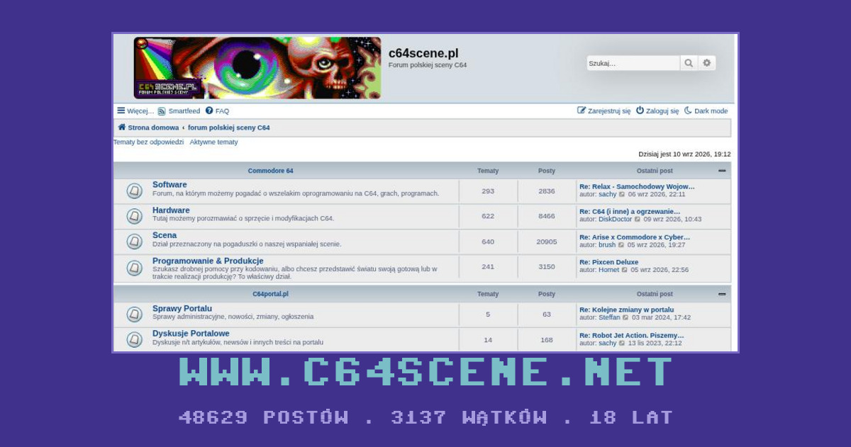 Zrzut strony glownej forum c64scene.net z logo forum i adresem www.c64scene.net