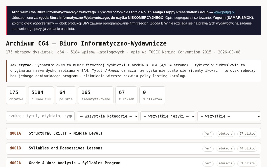 Katalog HTML archiwum dyskietek C64 Biura Informatyczno-Wydawniczego